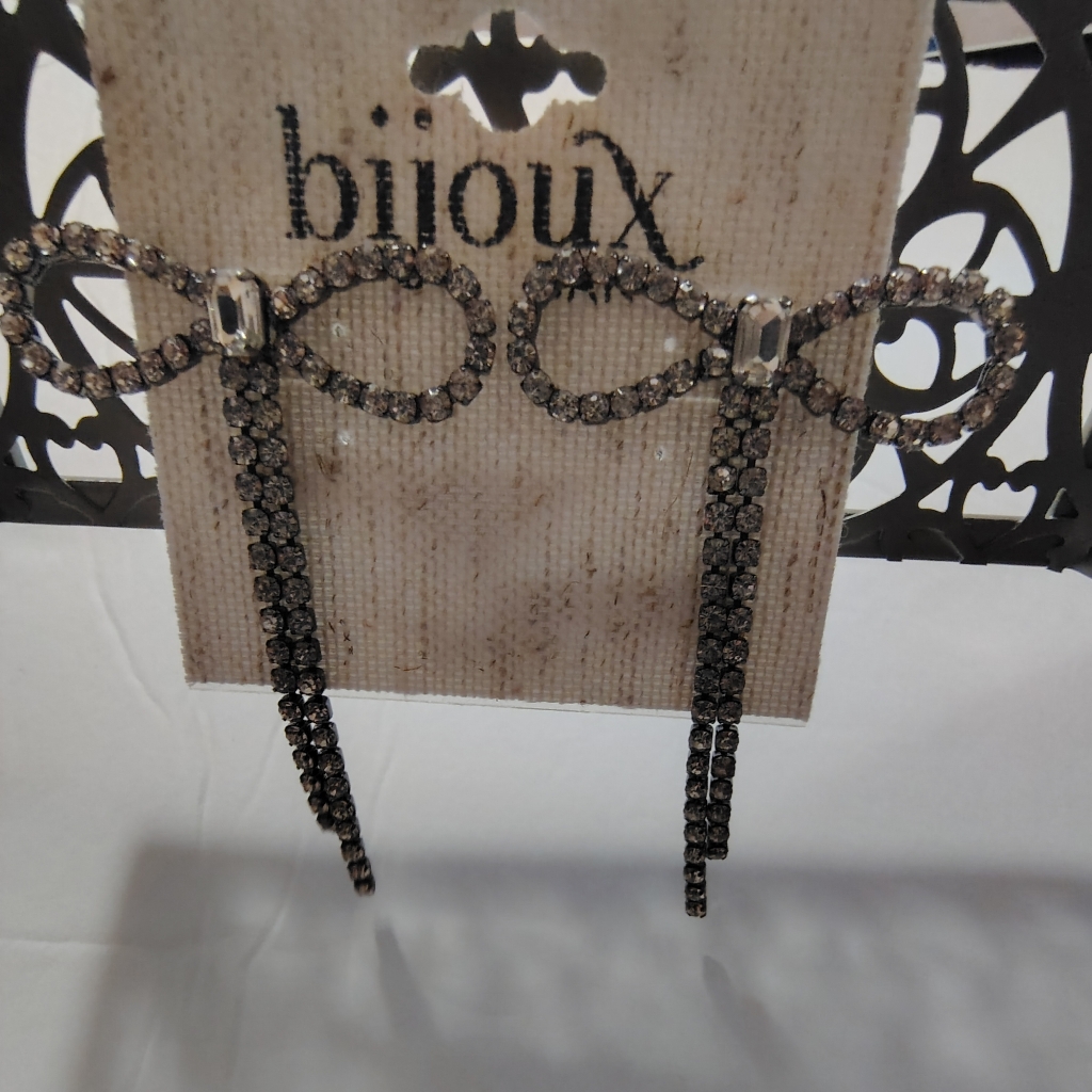 Bow Drop Crystal Earrings - Silver Tone
